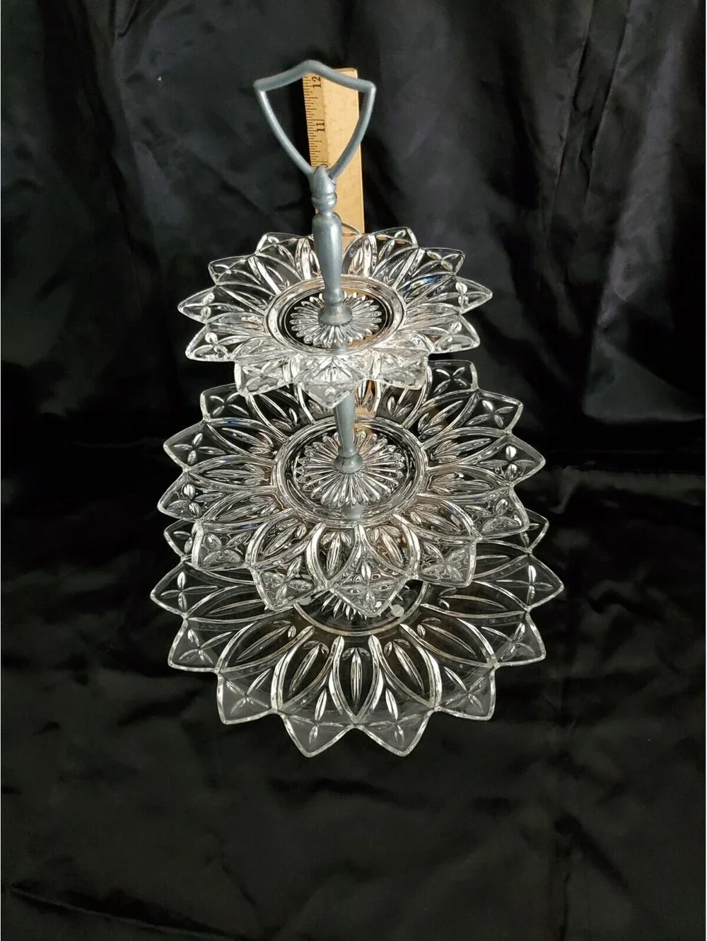 Vtg Federal Glass Petal Clear 3 Tier Serving Tray
